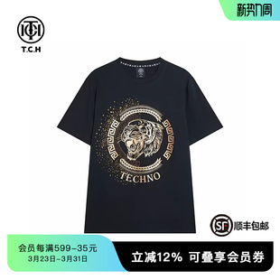 个性 TCH潮牌烫金款 新T款 T恤夏季 潮流T72B10E6039 虎头黑色短袖