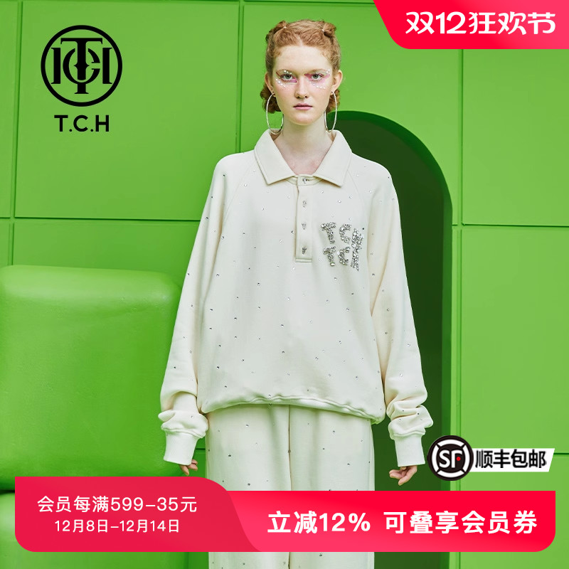TCH潮牌烫钻字母手缝钻翻领卫衣