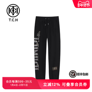 TCH潮牌轻奢潮牌大C长裤蝴蝶烫钻黑色休闲裤商场同款T66B206105