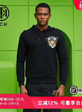 TCH潮牌帽衫烫钻老虎头春秋新款男女黑色卫衣T69A126020