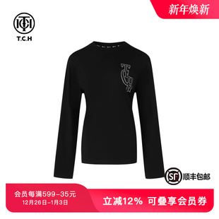 TCH春秋潮牌时尚 简约休闲上衣T72C08E6001 T恤字母烫钻长袖