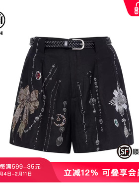 TCH私服烫钻亚麻夏季薄款阔腿宽松高腰显瘦休闲短裤女T75B21E5116