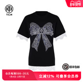 TCH轻奢潮牌时尚 小众烫钻蝴蝶结拼接蕾丝短袖 T恤上衣T75A10B9085