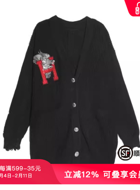 TCH春秋新款轻奢潮牌雄鹰花卉针织黑色开衫外套T21109C3002