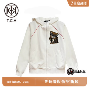 TCH潮牌小熊烫钻运动白色拉链卫衣T69A17E6001