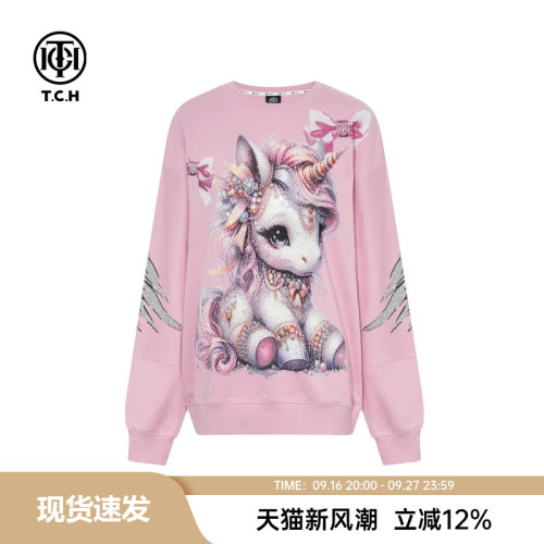 TCH轻奢潮牌烫钻25秋冬新款时尚宽松卡通粉色圆领卫衣T75C11E9002