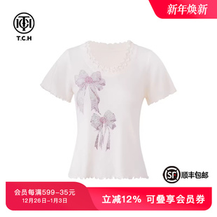 圆领短袖 烫钻洋气正肩短款 T恤女T75A09E5083 新款 TCH私服夏季