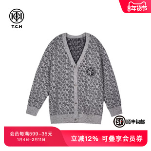TCH字母满印复古V领羊毛毛衣针织开衫外套春秋新款T72C438026