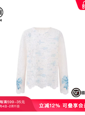 TCH私服潮牌蓝色蝴蝶结烫钻蕾丝打底衫秋冬新款T72C02E5004