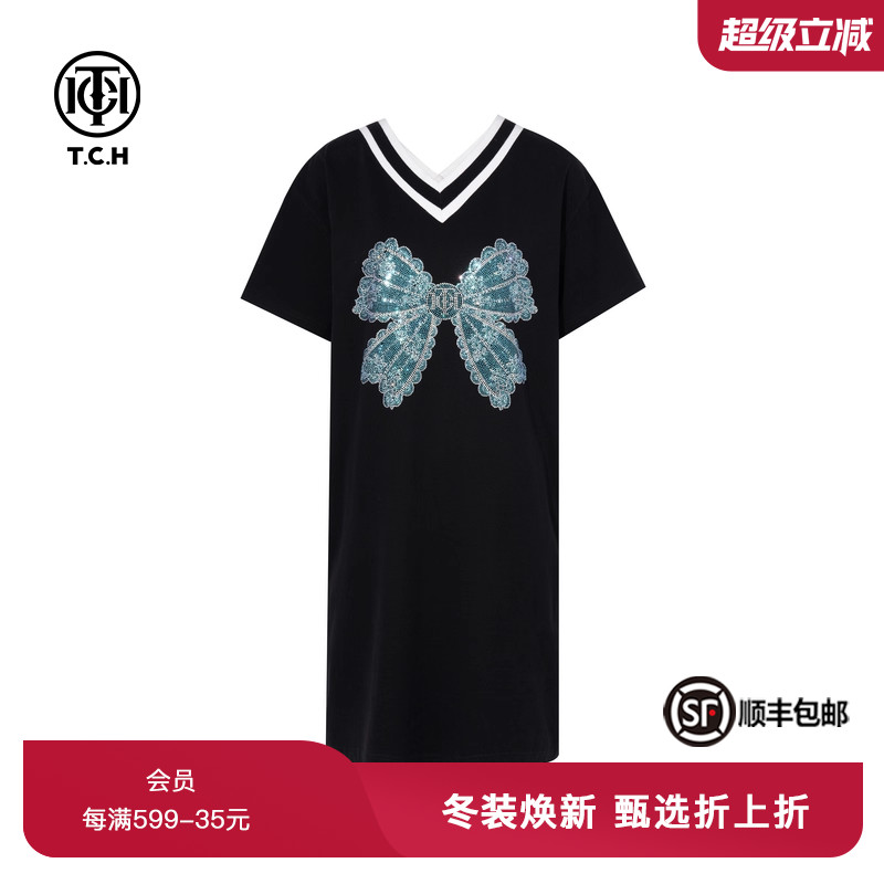 显瘦V领蝴蝶结黑色连衣裙