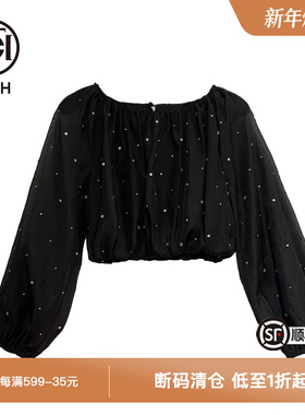 TCH潮牌重工镶钻短款黑色泡泡袖雪纺衫T66C11E6038