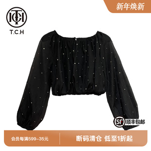 T66C11E6038 雪纺衫 TCH潮牌重工镶钻短款 黑色泡泡袖