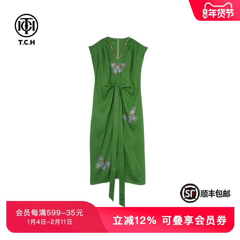 TCH私服烫钻设计感无袖时尚休闲百搭V领亚麻连衣裙女T75B30E5078,女装/女士精品,连衣裙,淘宝优惠券,粉丝福利购,淘宝优惠卷