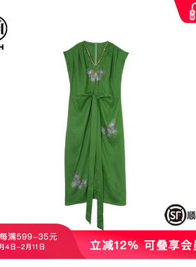 TCH私服烫钻设计感无袖时尚休闲百搭V领亚麻连衣裙女T75B30E5078