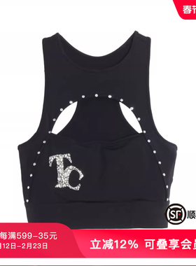 TCH潮牌轻奢潮牌大C烫钻logo黑色百搭时尚吊带休闲背心T66A036101