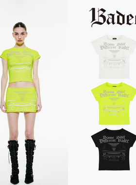 BADEE 夏季字母logo反光印花高腰修身辣妹短款T恤短袖上衣