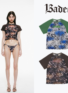 BADEE 23夏季新款圆领修身蝴蝶印花插肩袖配色T恤短袖上衣女