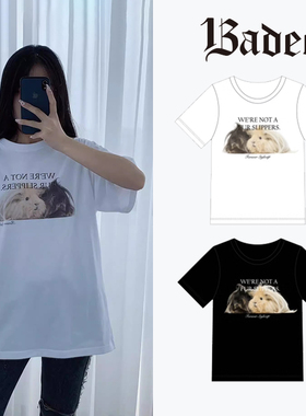 Badee官方正品可爱长毛兔子印花宽松休闲纯棉短袖T恤女夏新款上衣