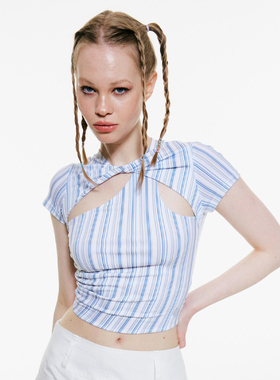 Badee 夏季复古斜襟旗袍镂空露背T恤短款设计感上衣女