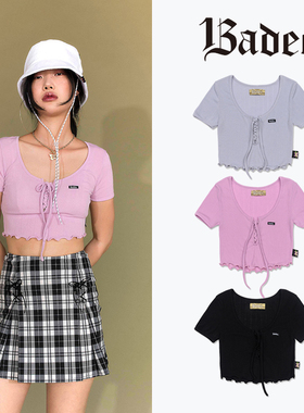 Badee蝴蝶结系带欧美复古风露脐短款上衣女浅色清新纯欲短袖T恤衫