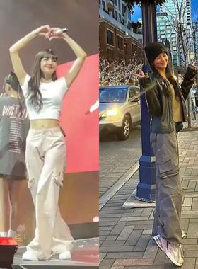 Badee Lisa同款粉色宽松阔腿工装裤子女休闲多口袋拖地束脚长裤