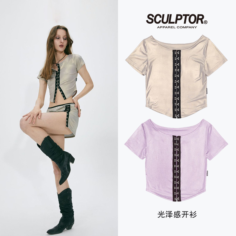 SCULPTOR性感辣妹短袖开衫女士修身短上衣大圆领口时尚露脐装正品