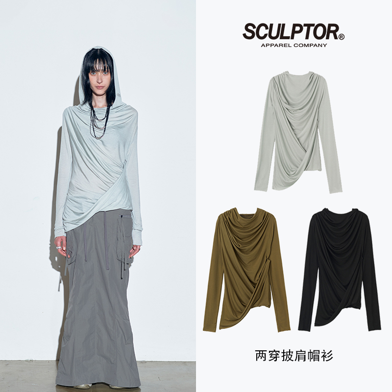 SCULPTOR高级设计感修身两穿披肩长款帽衫早秋卫衣女长袖