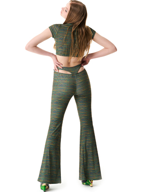 Badee春夏新款杂色条纹性感弹力修身显瘦喇叭裤女双腰头紧身裤