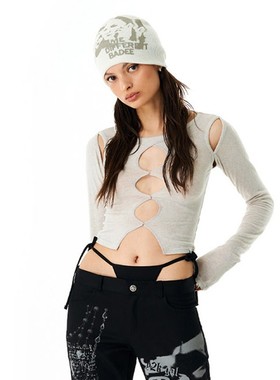 Badee春夏款ins风小众设计感性感辣妹镂空长袖T恤女修身打底上衣