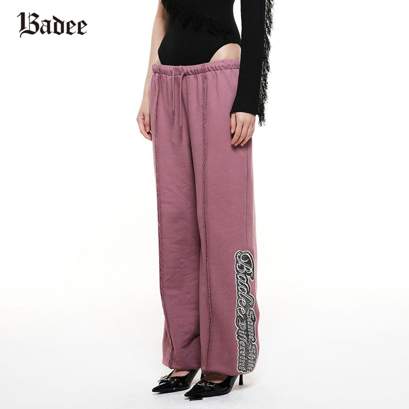 Badee 春季小众设计感双腰头镶边贴绣运动裤女士卫裤跳舞裤子