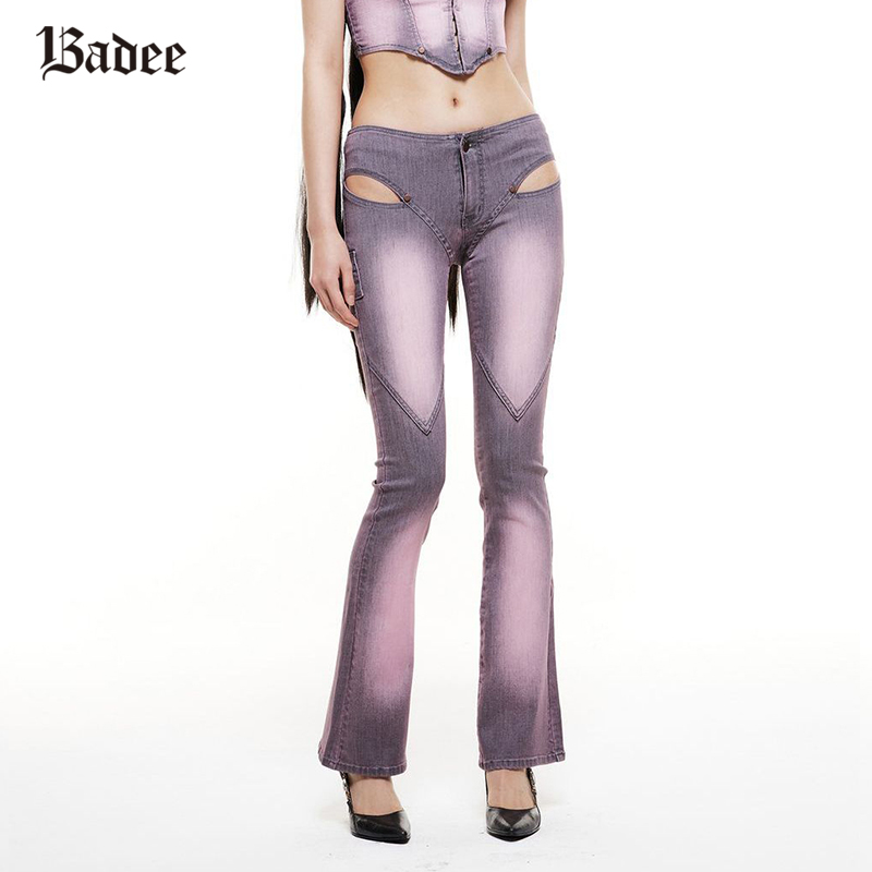 Badee 美式街头复古截面镂空弹力喇叭牛仔裤女拼接提臀微喇叭裤子