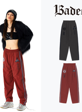 Badee官方正品个性印花宽松网衬弹力束脚运动裤女春秋款直筒长裤