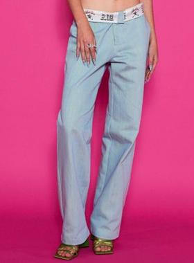 Badee小众设计感翻边腰带淡蓝色牛仔裤女士纯棉直筒长裤春秋新款