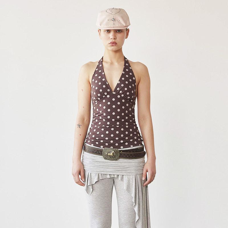 SCULPTOR 辣妹V领波点挂脖背心修身舒适设计感绑带无袖美背上衣