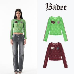 Badee镂空玫瑰刺锈修身蕾丝长袖上衣韩国正品代购