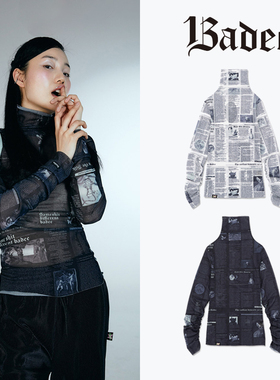 Badee官方正品 春夏报纸印花欧美复古风修身透视Y2K高领长袖T恤