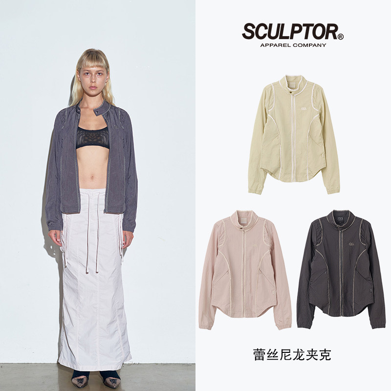 SCULPTOR早秋褶皱蕾丝立领尼龙夹克修身短款运动外套