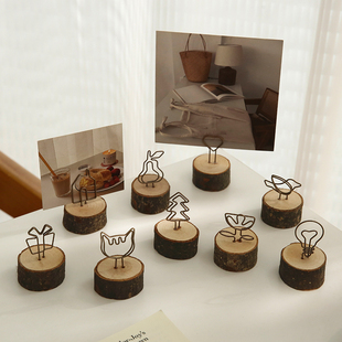 照片卡片展示小支架摆件 桌面立式 可爱日子 创意复古木质便签夹子