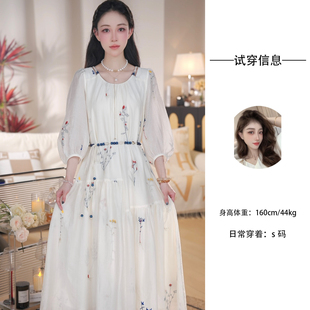 Nash/奈希【芷惜】设计师款7分袖连衣裙2025新款刺绣宽松显瘦长裙