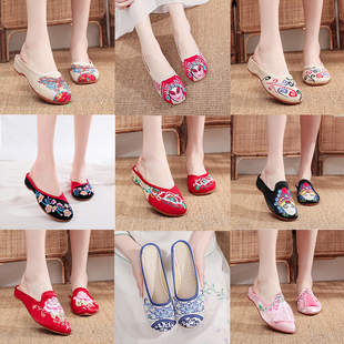 居家 女内增高民族风休闲凉拖鞋 老北京布鞋 女外穿包头夏绣花布拖鞋