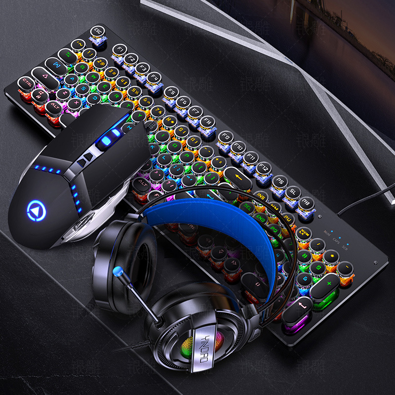 银雕机械键盘鼠标耳机三件套装电竞游戏专用有线外设青轴朋克雷蛇