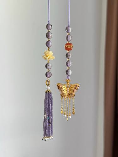 定制小众精致轻奢高级冰透紫水晶流苏串珠车载挂件