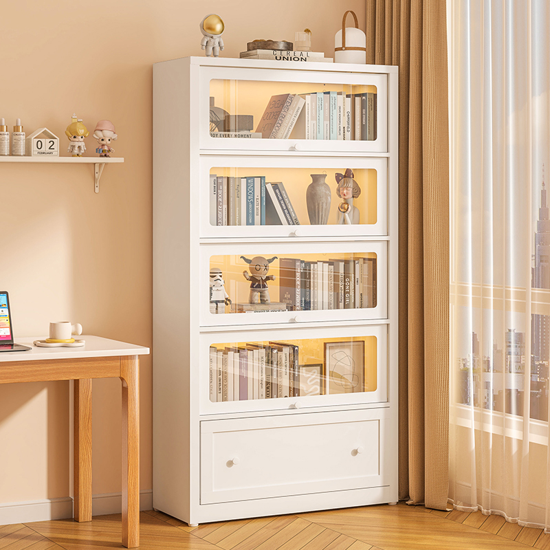 钢制书柜防尘落地家用客厅展示柜儿童储物柜多层玻璃门带抽屉书架