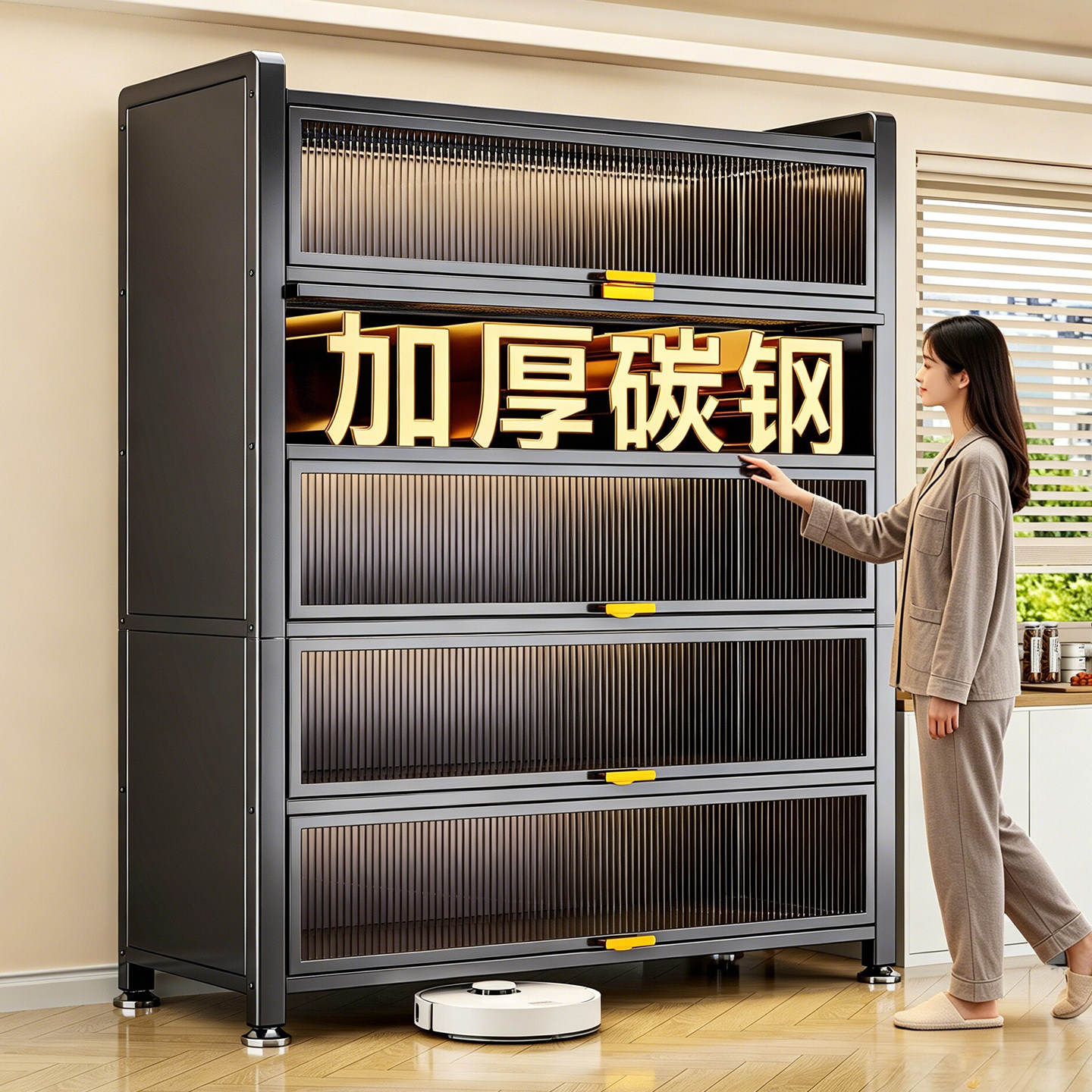 家用厨房置物架多层收纳柜带门防尘收纳柜多功能微波炉碗架整体橱