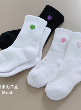 儿童白色运动毛巾袜男童女童羽毛球袜篮球袜中筒袜女孩爱心棉袜子