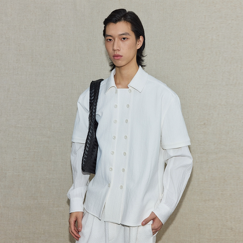 PIHO设计师款高级双门襟白色长袖衬衫2026春袖子拼接男女宽松上衣