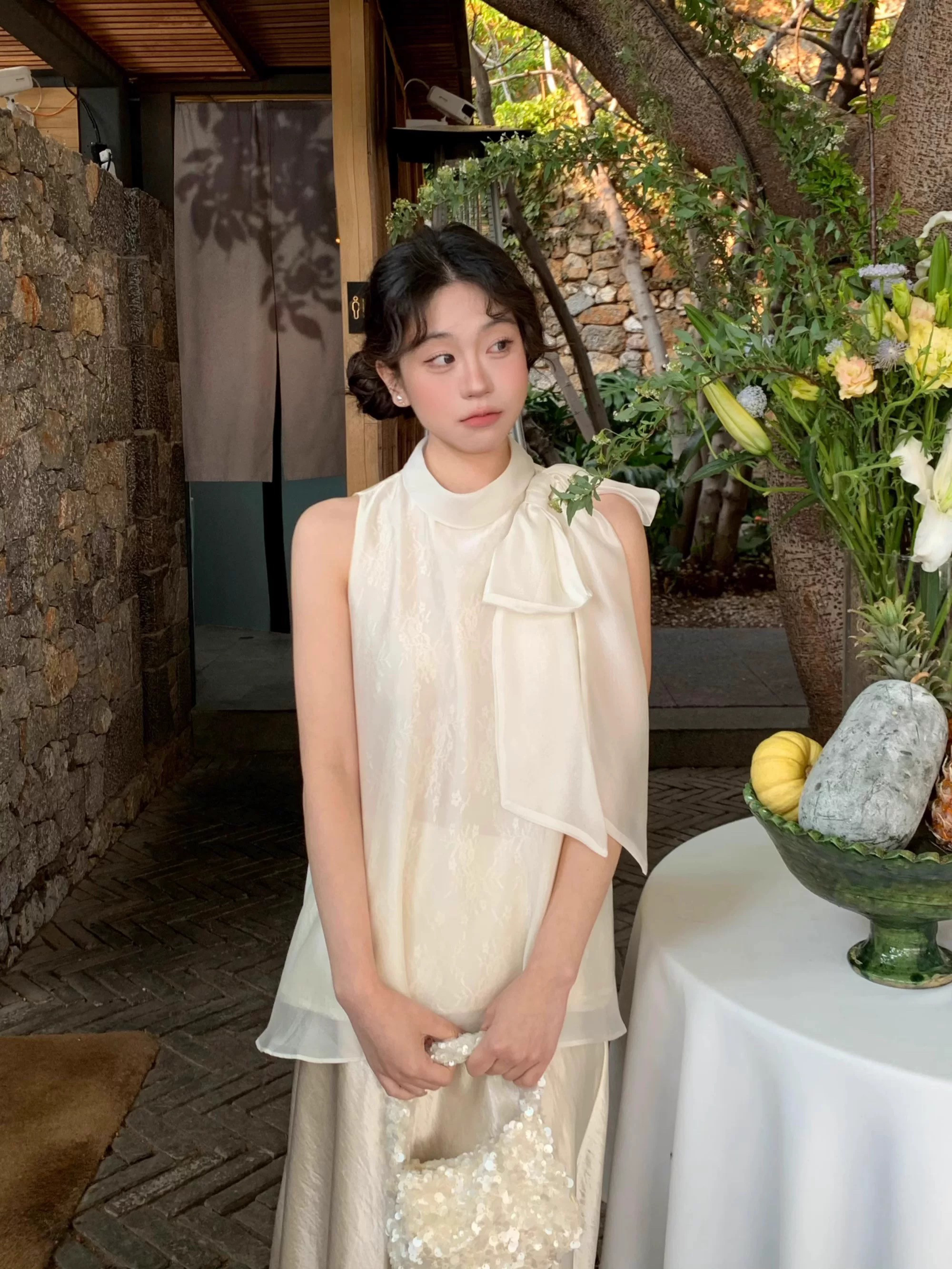 高级感温柔风小洋装盐系轻熟蝴蝶结甜美衬衫女夏季显瘦无袖小衫