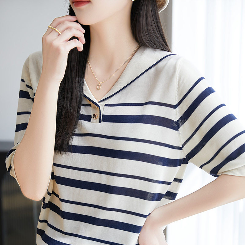 海军领桑蚕丝短袖t恤女2026夏季