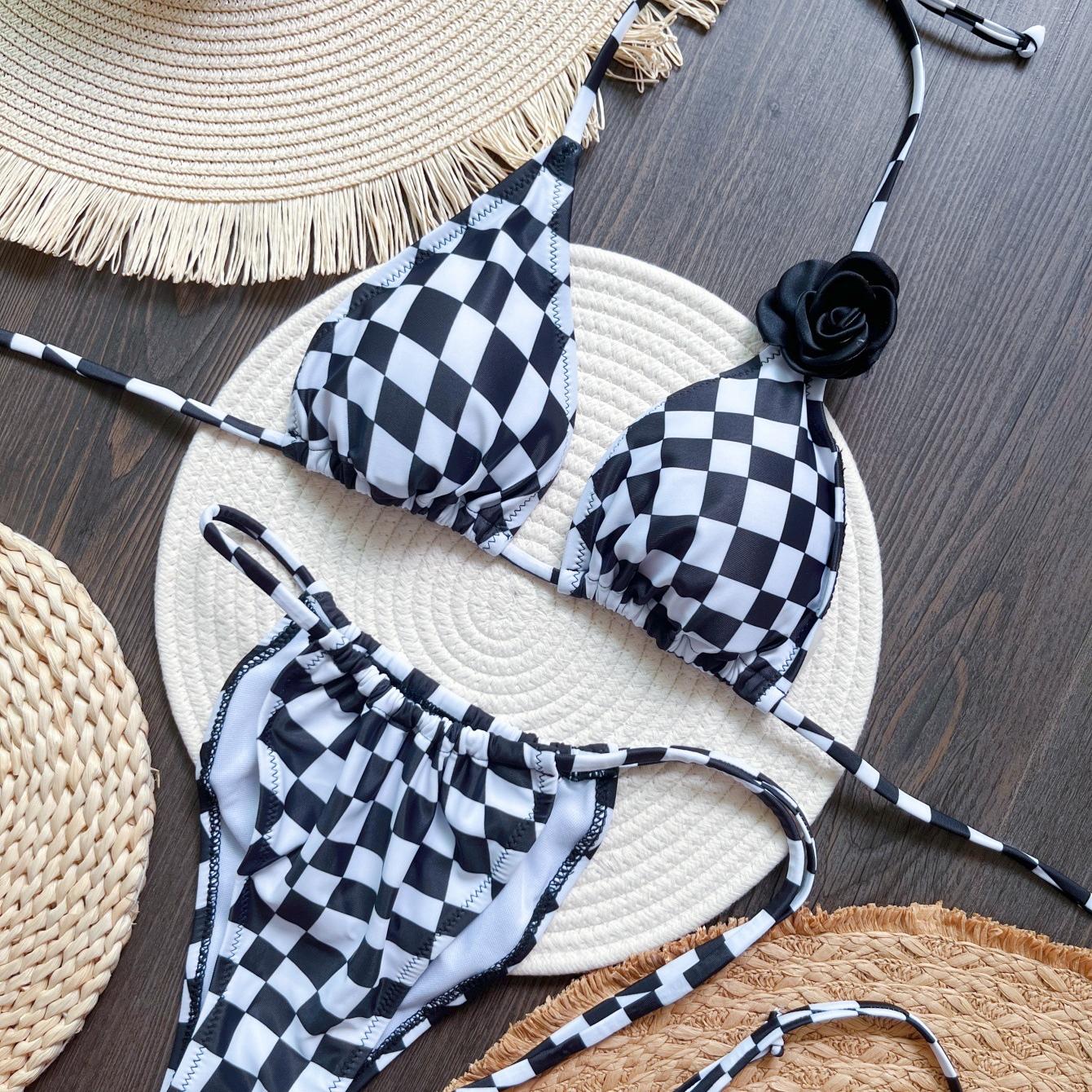 女士性感INS网红黑白格子系带bikini泳衣辣妹温泉度假三角泳装