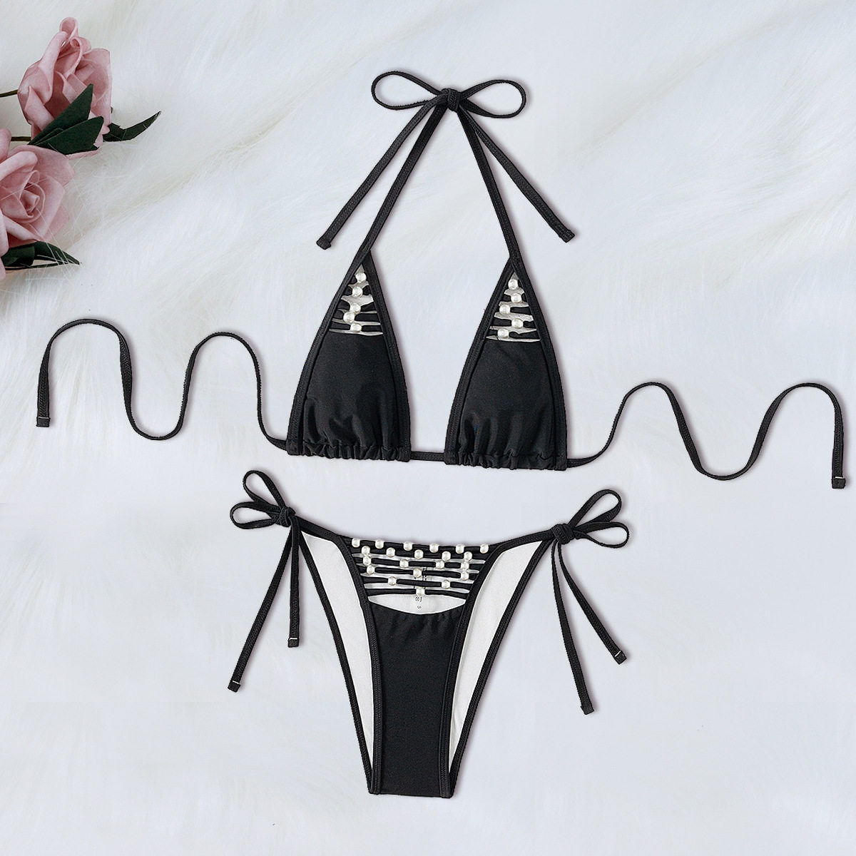 欧美女士黑色珍珠饰品分体bikini三角辣妹温泉系带比基尼泳装